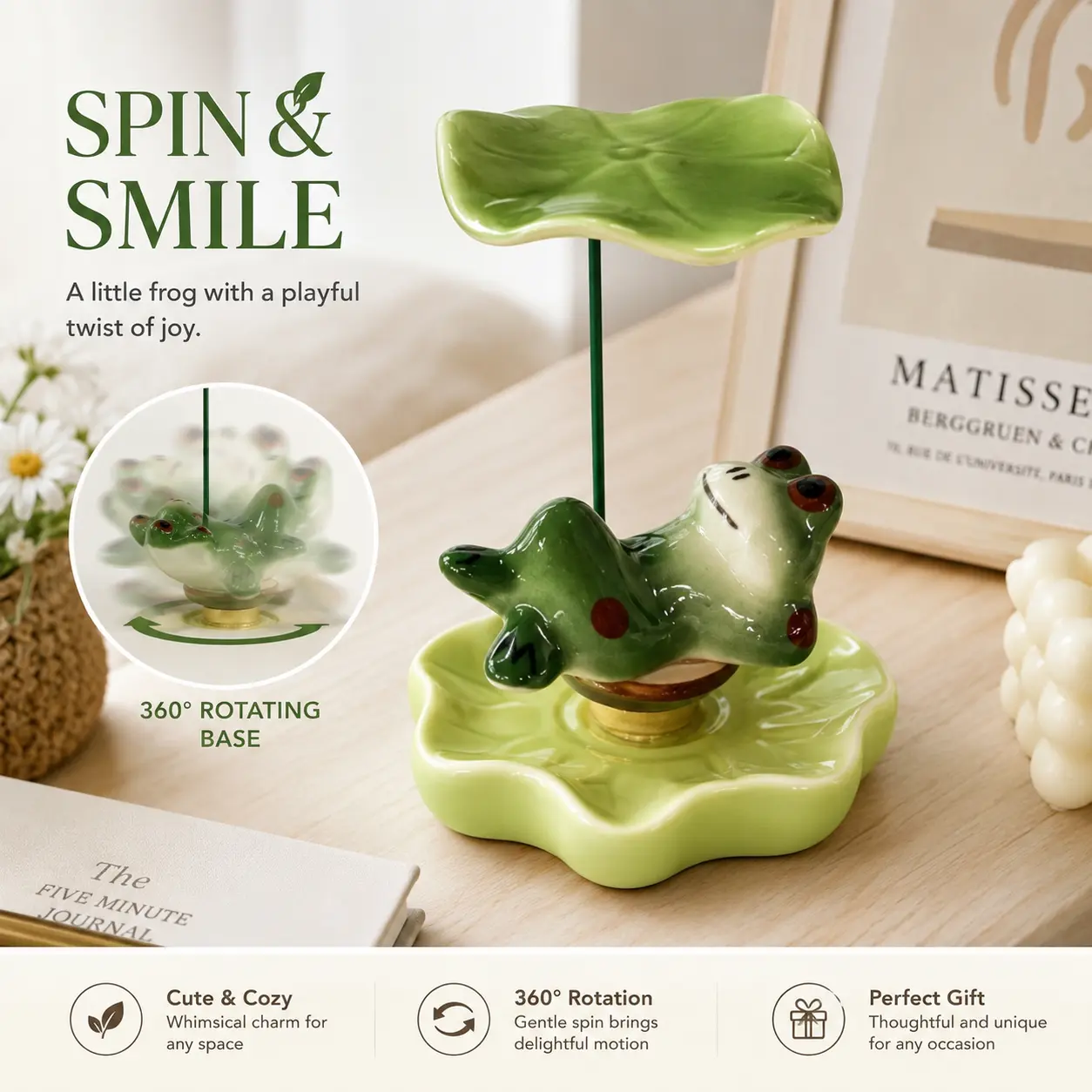 360° Rotating Frog Ceramic Decor, Cute Frog on Lotus Leaf Desk Ornament, Glossy Ceramic Spinner Figurine for Bedroom, Office, Shelf & Gift