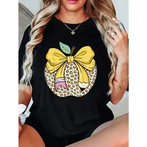 Lady's Short-Sleeve Cotton T-Shirt, Round Neck Loose-Fit Sports Top with Bow Accent, Super Soft Casual Streetwear for Daily Wear, Work,summervibes