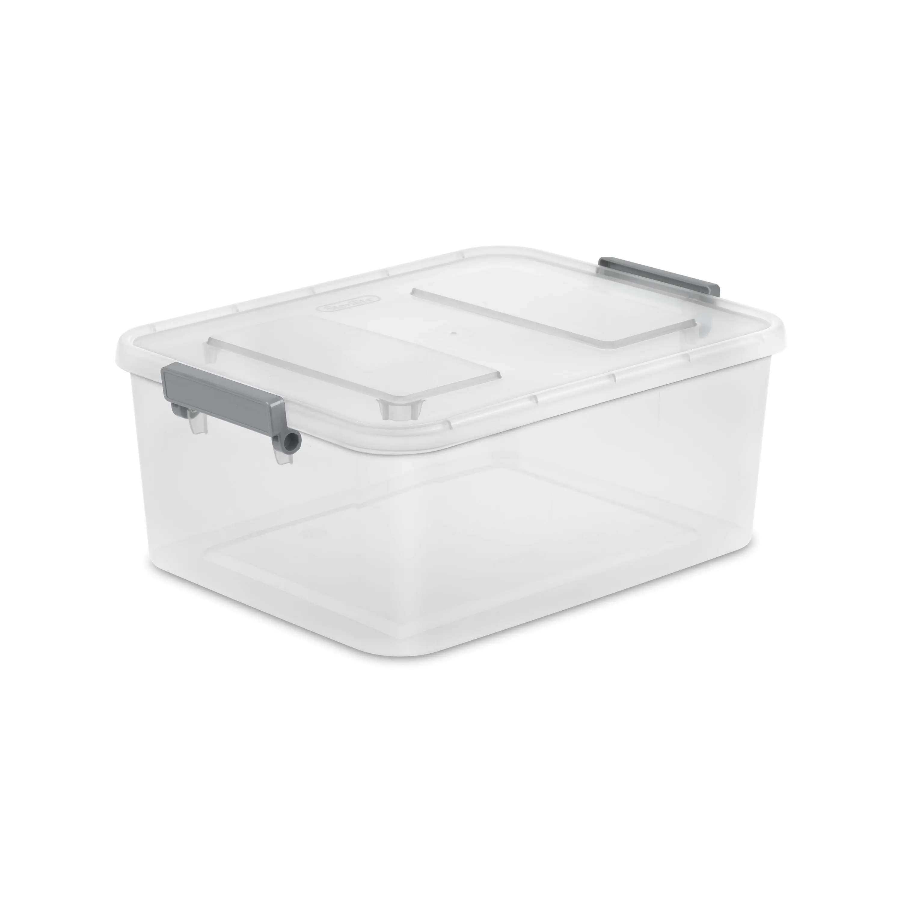 Sterilite Modular 12.7 Quart Small Latching Storage Bin, Clear Plastic Storage Container with Write-On ID Latches, Gray Box Organiser