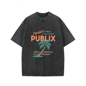 Florida Publix Graphic T Shirt Casual Streetwear Mens Vintage Washed Short Sleeve Tee Fashion Summer Daily Wear Soft Comfortable Basic Tshirt