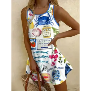 Women's Casual Sleeveless Beach Dress with Vibrant Food & Seashell Print - Lightweight Summer for Women, Machine Washable, Spring/Summer Outfits, Wear | No Stretch Material Fabric Womenswear Polyester Multicolor