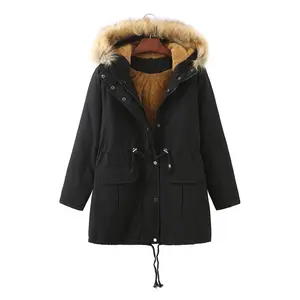 BIGWIG women's hooded plush cotton coat, long waterproof cotton coat, detachable faux fur collar, warm and comfortable winter wear, casual style, thick and warm parka, fur winter coat, hooded coat
