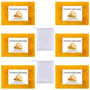 Turmeric Lemon Soap with Foam Net, 6 Counts/set Deep Cleansing Bathing and Facial Soap with Ginger Skin Care Handmade Soap, Body Wash & Cleansers