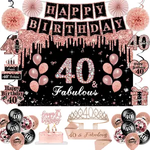 52Pcs 40th Birthday Party Set for Women – Rose Gold and Black Decor, Crown, Sash, Balloons & More