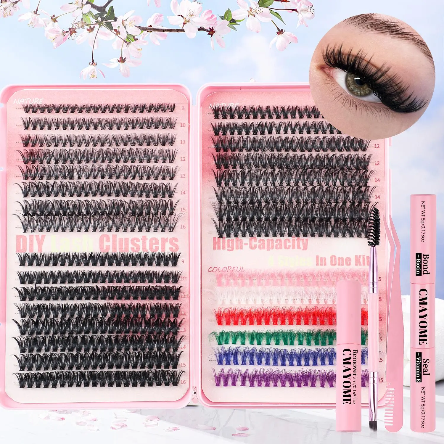 DIY Eyelash Cluster Set with Tools, Colorful False Eyelashes, Fluffy Eyelashes Cluster, Dense Mixed Curl, 0.05mm Thickness, Recyclable, Festival & Friday, Makeup, Fluffy Lash Clusters