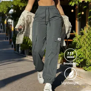 AIbart Women Solid Black Lightweight Cargo Jogger Pants, Y2K Retro Streetwear Trousers with Adjustable Drawstring Waist & Multi Pockets, Versatile Athletic Casual Jogging Bottoms for Spring & Autumn Outdoor Daily Wear work travel