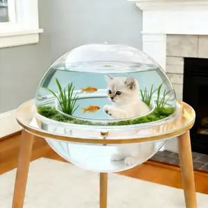 24" Large Cat TV Cave with 360° Fish Tank & Internal Tunnel – Heavy-Duty Plywood Base, Acrylic Aquarium Cat Enrichment for Indoor Cats