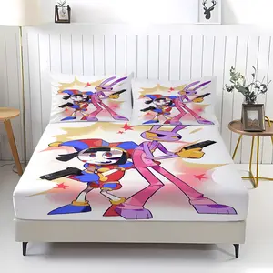 3-piece set of The Amazing Digital Circus pattern bed sheets, comfortable printed pattern, including 1 bed sheet and 2 pillowcases, comfortable bedding, non slip suitable for bedrooms and guest rooms, suitable for children and adults as gifts