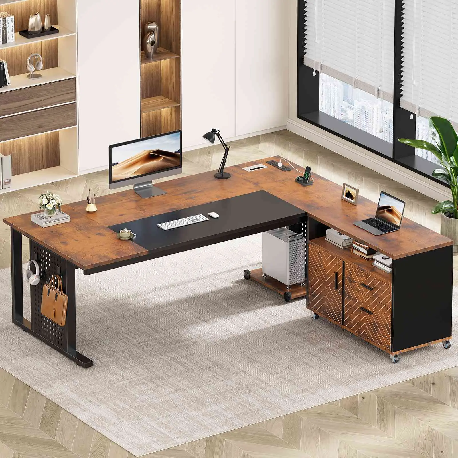 Sedeta 71-Inch Modern Executive Wooden Multi-Purpose Desk - Home Office Workstation, Rolling Laptop Desk, Engineered Wood Surface, Metal Frame, Rolling Filing Cabinet, Drawers, Shelves, Power Outlets, CPU Stand, Pegboard, Assembly Required