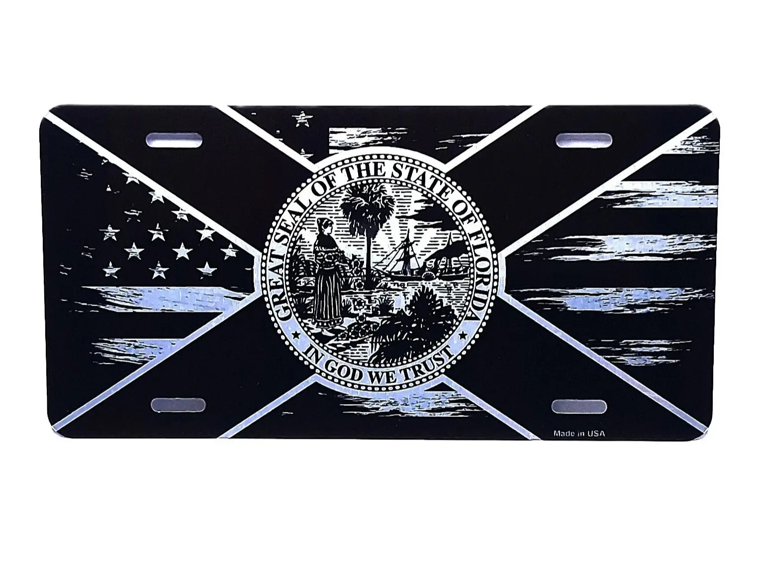 Florida State Seal Aluminum License Plate, 12x6 in Car Front Vanity Tag with Drill Holes, Black-Silver Florida Flag Decor Display, US Nation Pride Auto Accessory, State Pride Gift for US Vehicles