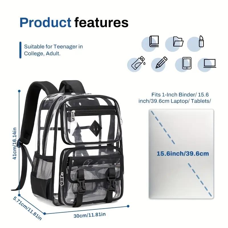 Clear Backpack for School & Work - Stylish Black Transparent Bookbag with Laptop Compartment, Waterproof PVC, Ideal for Security Checks & Daily Use Visibility