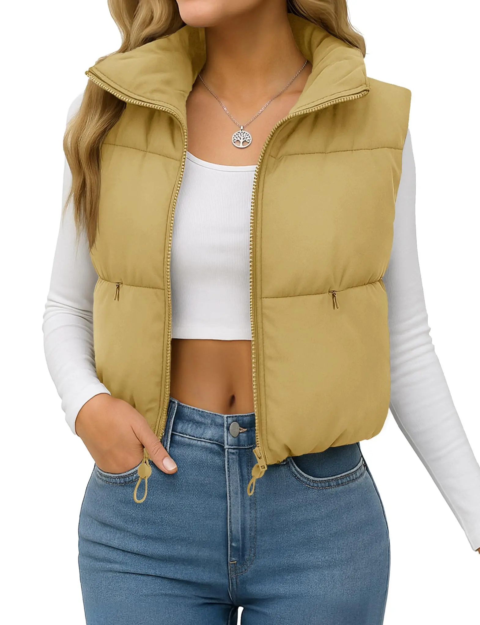 Cotrasen Women's Crop Puffer Vest Lightweight Stand Collar Padded Jacket | Soft,Winter,Coat,Loose,Cozy,Casual Outerwear,Daily Wear,Fashion,Stand Collar,Zip Up