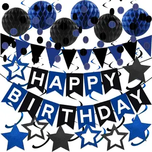 Black Blue Birthday Decorations, Black & Blue Happy Birthday Banner Honeycomb Balls Circle Garland Triangle Banner Stars Hanging Swirl Decoration Kit for HBD‌ Party Decorations