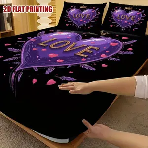 3-Piece Valentine's Day Royal Love Comfortable Bed Sheet Set, Suitable for Home, Hotel, and Guest Room - Includes 1 Bed Sheet and 2 Pillowcases - Black with Purple Heart and Gold Letters, Perfect for Relaxing Sleep, Hotel Bedding |   Romantic Decoration |