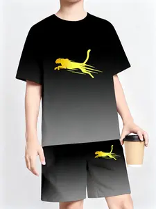 Boys' Summer Gradient Short Sleeve Shorts Set, Leopard Print, Loose Fit Casual Cool Sportswear, Kids Fashion