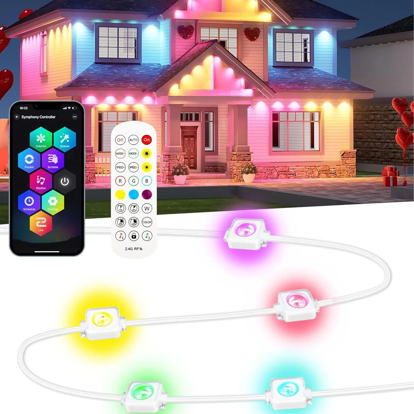 DIY Outdoor Light, Plug and Play RGBIC Smart Eaves Light with Extension Connector & Remote Control & DIY Scene Modes, Waterproof Outdoor Lighting