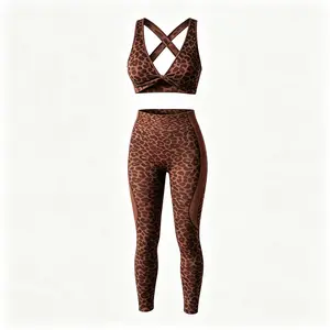 YANZISTORE Women's yoga set - Extremely elastic seamless cross-over bra and high-waisted sportswear - Leopard print series - Suitable for yoga, running, gym workouts and Pilates.