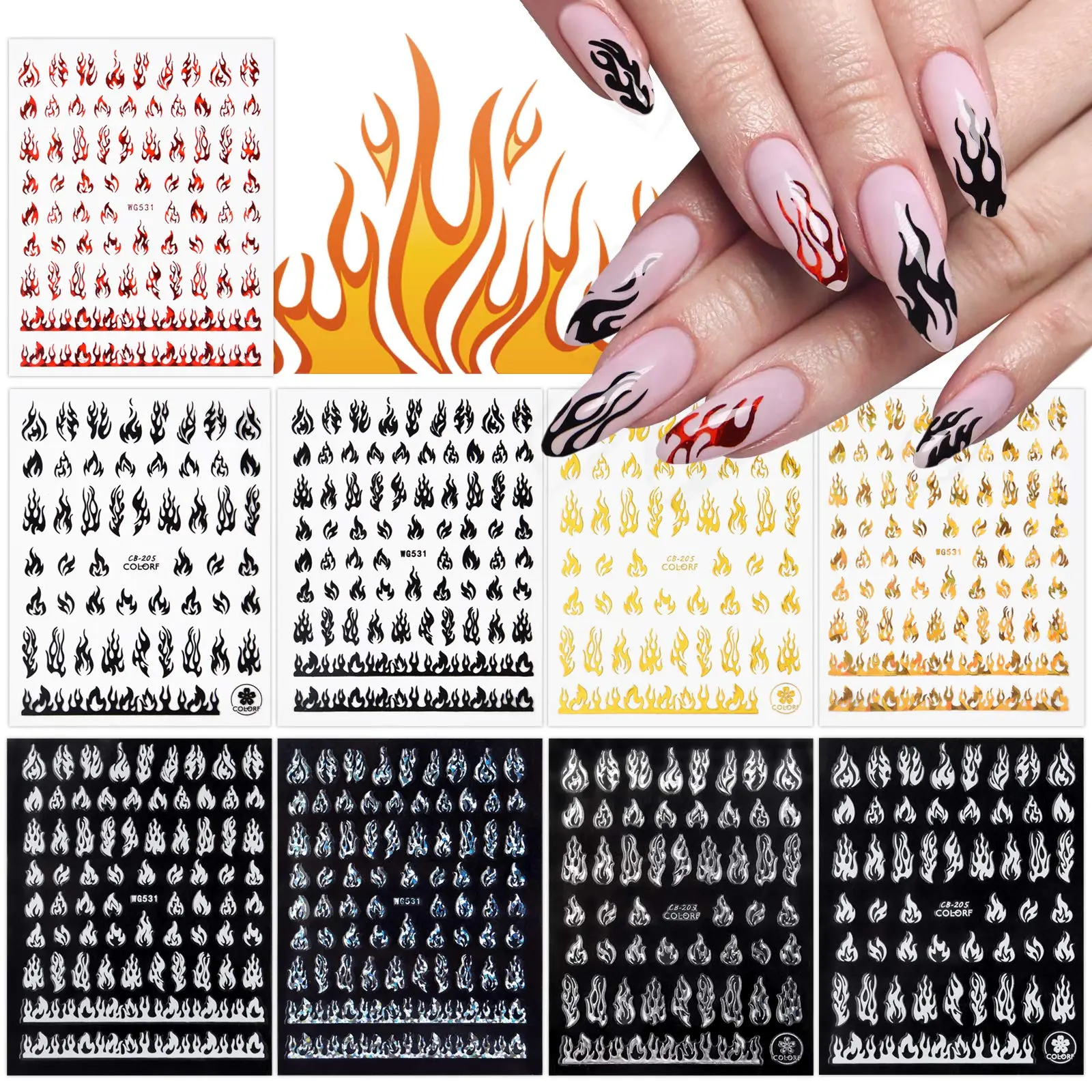TOROKOM 9 Sheets Flame Nail Stickers Decals | 3D Holographic Self-Adhesive Fire Nail Decals White Black Silver Gold Red Flame Nail Sticker Nail Art Supplies for Nail Decor
