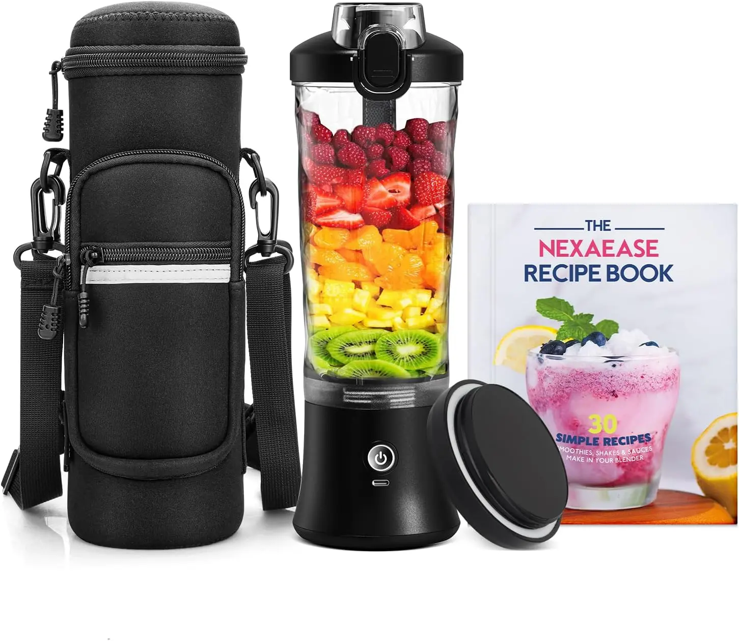 Portable Blender with Insulated Carrying Case & Recipe Book for Shakes and Smoothies, 20 OZ Personal Juicer Electric Protein Shaker Bottle, Mini Small Blender Cup with USB-C Rechargeable, Travel Lid NexaEase
