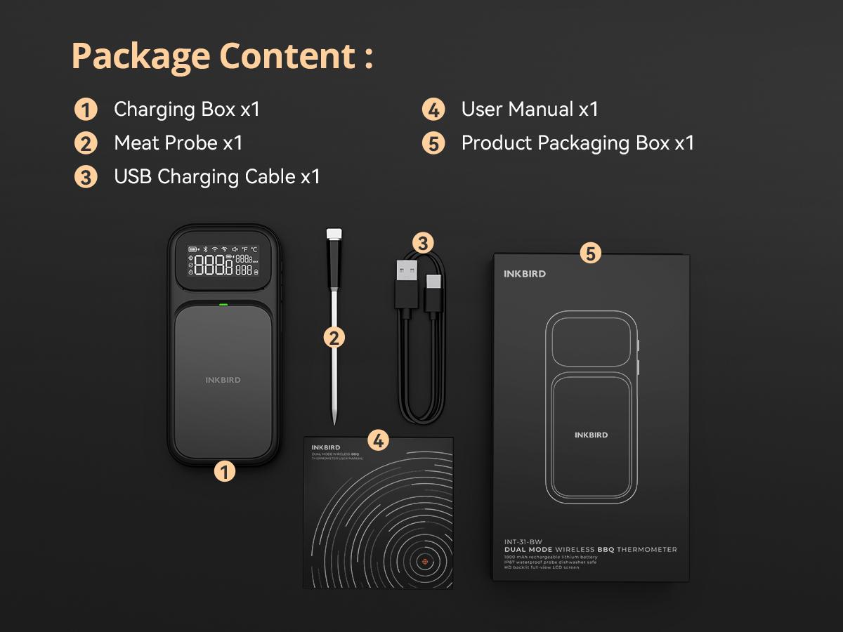 INKBIRD INT-31-BW Wireless Meat Thermometer, WiFi 5G and Bluetooth 5.4 Dual Connection, Multi-sensing Temperature Probe, NIST Approved Accuracy, High and Low Temp Alarms with Cooking Time Estimator