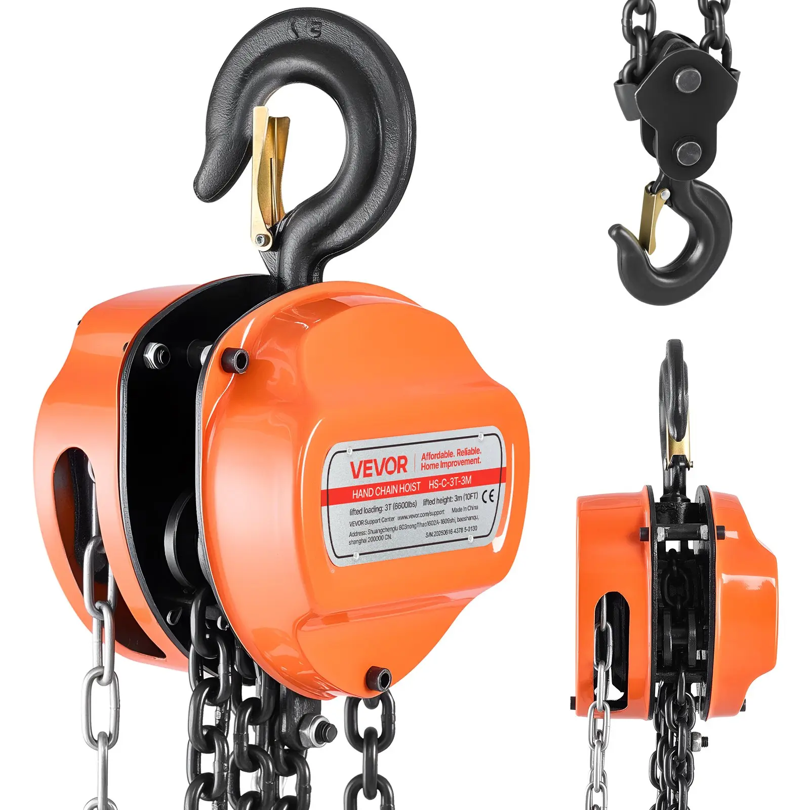 【DealsForYouDays】VEVOR Hand Chain Hoist, 3 Ton 6600 lbs Capacity, Manual Chain Block with Upgrade G80 Galvanized Chain, 10 ft Lifting Height, Heavy Duty Pulley Hoist for Garage Warehouse Automotive Machinery, Orange