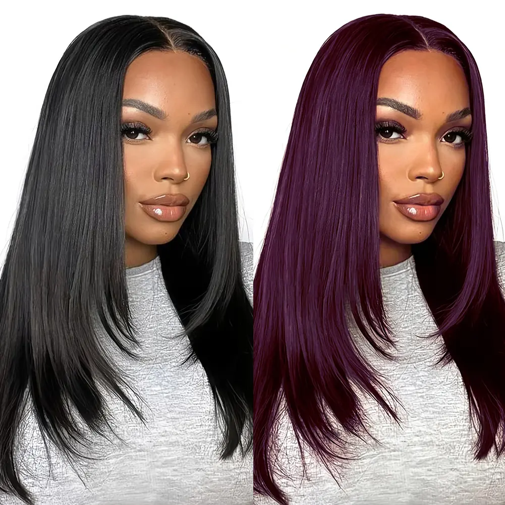 KEPHARE 210% Density Glueless Ready To Go Wig Layer Cut Pre Styled Human Hair Wigs Pre Plucked Pre Cut 5×5 HD Lace Closure Dark magenta Color & Black Pre Bleached Knots 18inch Purple Black Cherry#Summervibes