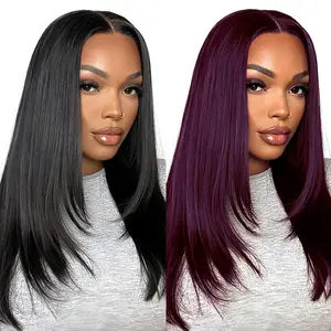 KEPHARE 210% Density Glueless Ready To Go Wig Layer Cut Pre Styled Human Hair Wigs Pre Plucked Pre Cut 5×5 HD Lace Closure Dark magenta Color & Black Pre Bleached Knots 18inch Purple Black Cherry#Summervibes