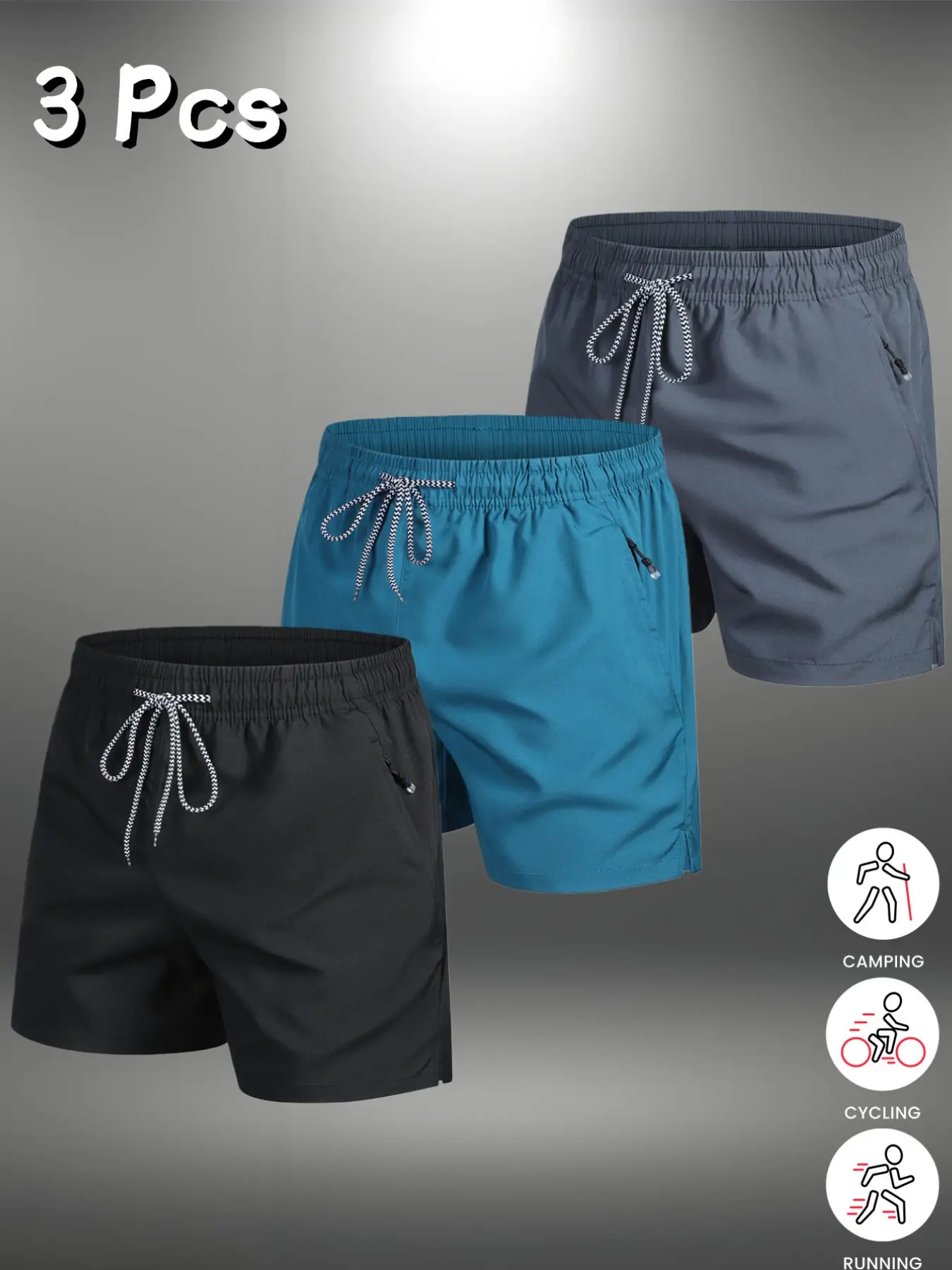 Men's Sport Shorts 3 Piece Set, Breathable Fabric, Elastic Waist Drawstring, Casual Outdoor Cycling Gym Training, Multiple Colors Available, Trail Running Shorts, Outdoor Sports Shorts