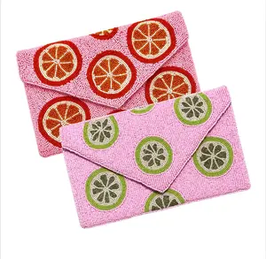 Citrus Beaded Clutch Beaded Purse Vibrant Orange Slice Design on Pink Handcrafted Evening Bag