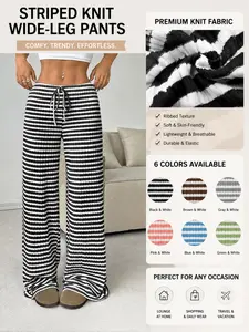 Spring Summer Women's New Casual Striped Elastic Drawstring Knit Fashion Loose Straight Leg Pants, Casual Comfy Trousers, Trendy Long Trousers for Ladies