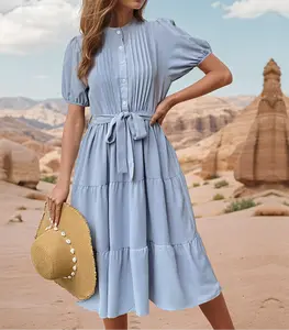 Loretta Tie Waist Puff Sleeve Midi Dress