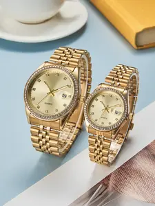 Luxurious Diamond Couple Watches, Round Analog Quartz Watch Set, Alloy Case, Mineral Glass Dial, Perfect Gift, Diamond Wrist Watch, Modern Fashionable Wristwatch