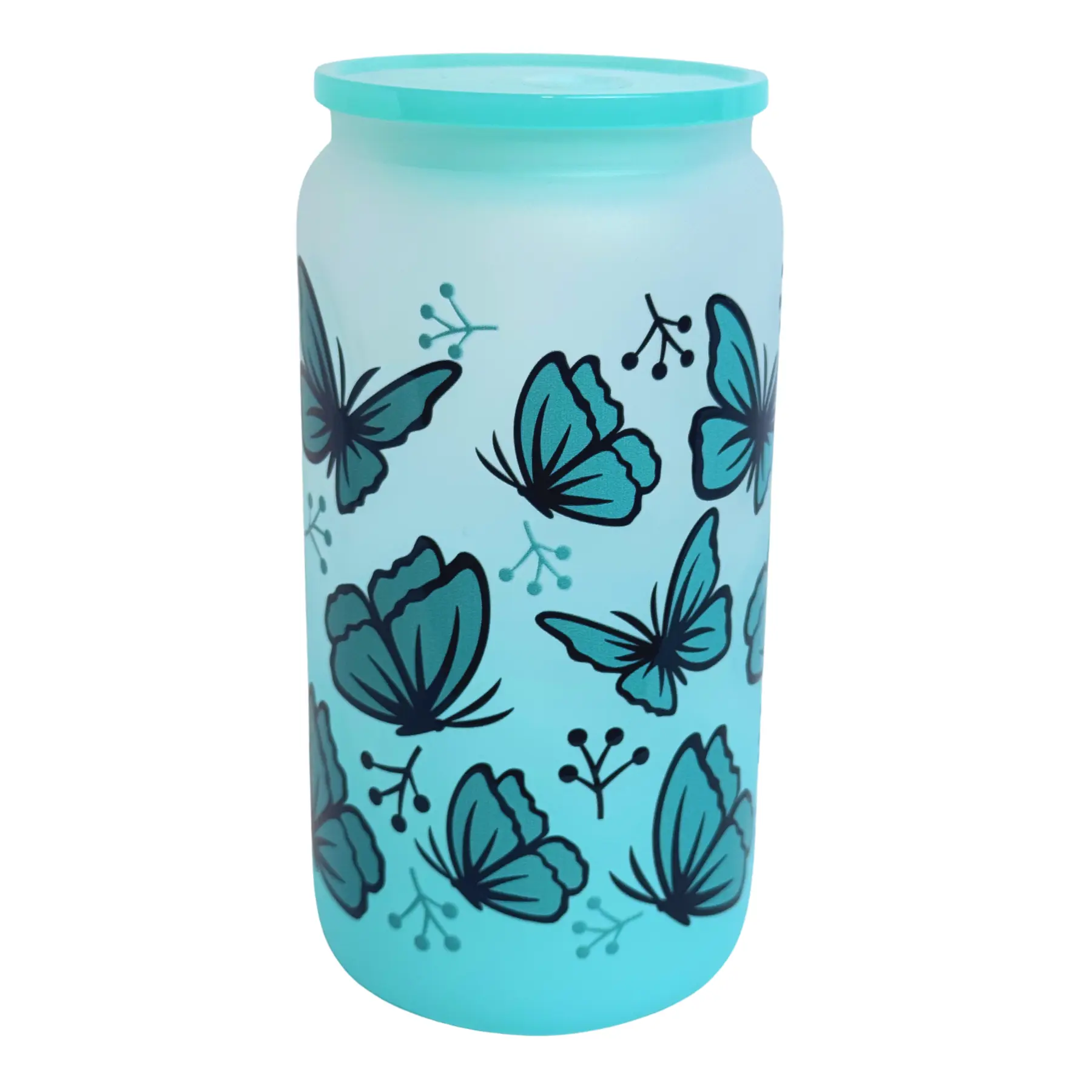 16 oz Frosted Glass Tumbler with Butterfly Design – Blue Aesthetic Drink Cup