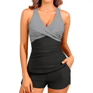 Women Tankini Swimsuits with Shorts - Two Piece Tummy Control Bathing Suits Top with Two Pockets Bottom Swimwear