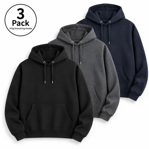 Men’s 3-Pack 270G Pullover Hoodies, Drawstring Hooded Sweatshirts with Kangaroo Pocket, Loose-Fit Casual Basic Tops for Fall Winter Streetwear