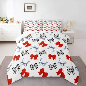 Red Bow Bedding Set,| Cow Print Bowknot Comforter Set,Ribbon Bow Tie Down Comforter Reversible Dreamy Princess Style Bow Tie Duvet Insert,