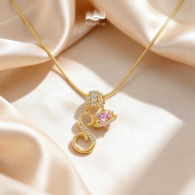 PolarEve 14K Gold Plated 3-Layering Initial A-Z Letter Pendant Necklaces for Women Snake Chain Choker Pink Heart Zircon Adjustable Length Necklace Jewelry