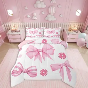 Feelyou Coquette Ribbon Bows Duvet Set - Retro Vintage Flower Printed Bedding, Soft Breathable Quilt Cover, Light Weight Blanket, Dreamy Princess Style Bedding Set