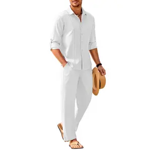 COOFANDY Mens Linen Sets 2 Piece Long Sleeve Button Down Cuban Shirt and Pants Set Summer Beach Set Outfits