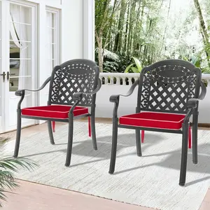 ARCH Cast Aluminum Patio Dining Chair 2PCS With Black Frame and Red Cushions