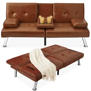 Best Choice Products Modern Faux Leather Convertible Futon Sofa w/ Removable Armrests, 2 Cupholders