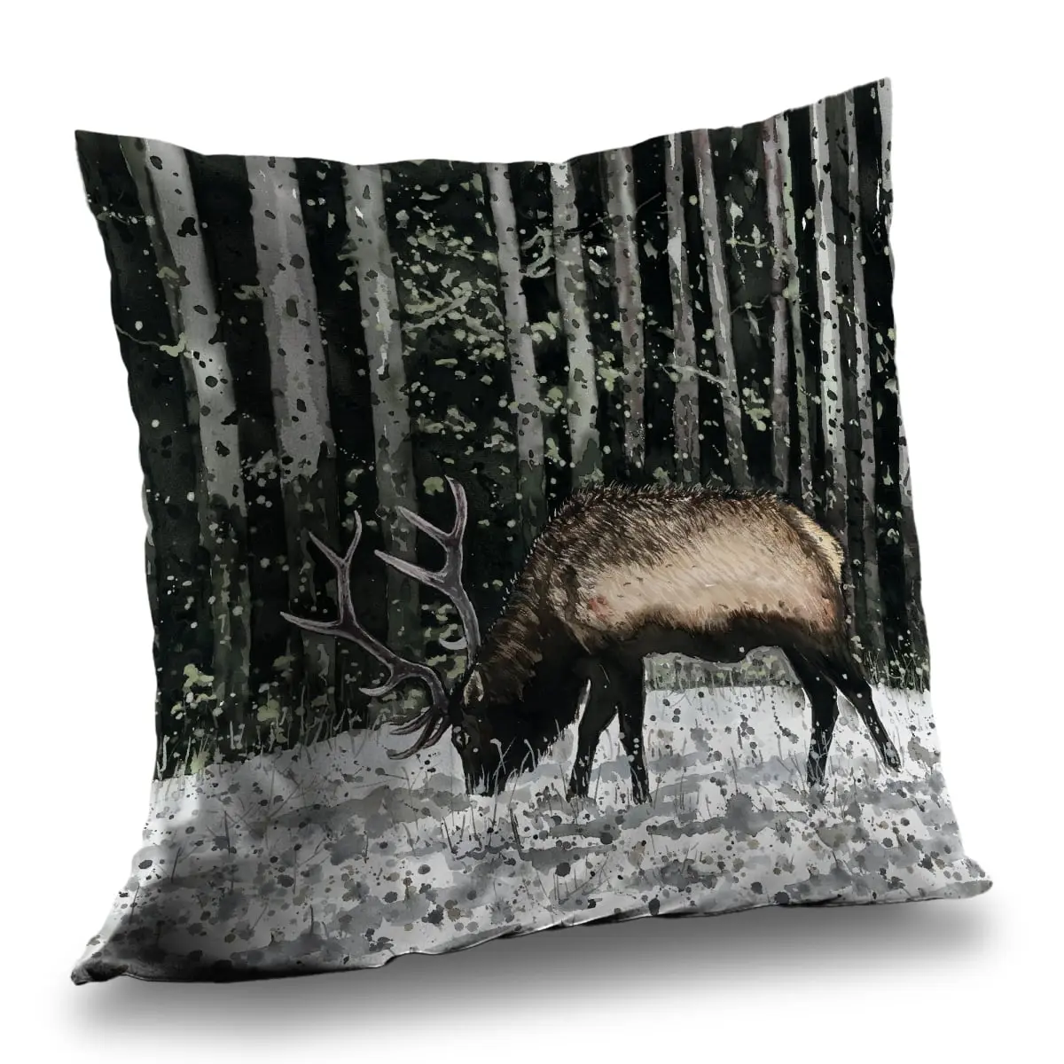Begin Home Decor C1PT1414V2W9VG 14x14 in. Cozy Poly Twill Caribou in the Forest Throw Pillow - Rustic Style Decor for Nature Lovers
