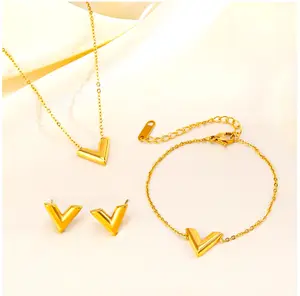 Stainless Steel Elegant Jewelry Set Trendy 18K  Plated V Letter Thin Chain Earring Bracelet Necklace for Women  Plated   Necklaces Elegant   Earrings Elegant   Earrings Gold Breath Jewelry in 18k Gold Bundle trendy gold Platinum &