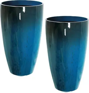 2 Packs 21 inch Tall Planter, Indoor Outdoor Round Planter for Porch, Large Plant Pot with Drainage Hole for Home Garden Front Door, Modern Decorative Pots for Plants (Blue)