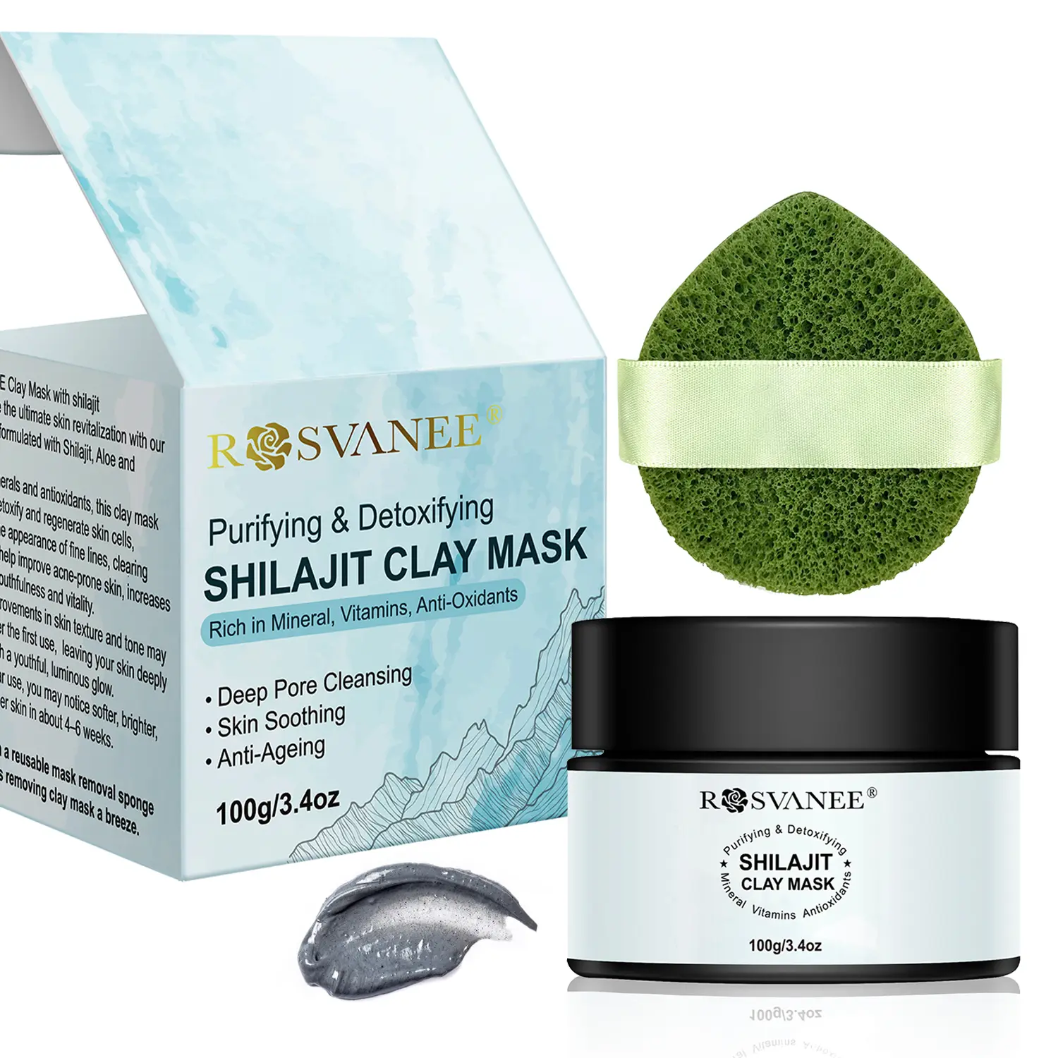 Shilajit Clay Face Mask with Sunflower Oil, Tea Tree & Charcoal, Deep Purifying Cleansing Mud Mask for Blackheads and Pores, Skin Soothing & Anti Wrinkle, Come with A Facial Sponge