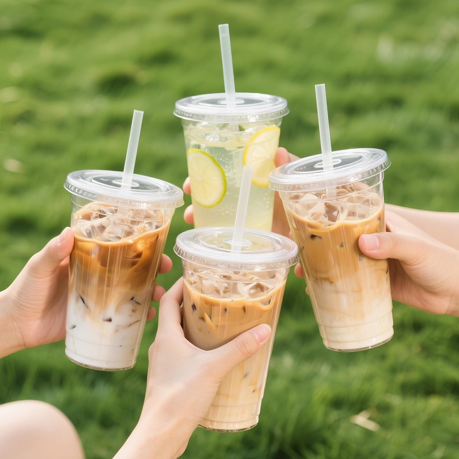 50 Pack 24 oz Clear Plastic Cups with Lids and Straws, Disposable PET Cups for Iced Coffee, Smoothie, Boba Tea, Leak-proof & BPA Free