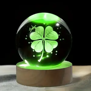 Four-Leaf Clover Crystal Ball Night Light - Warm Glow, USB Powered with Wooden Base - Perfect Gift for Birthdays, Valentine's Day & Christmas