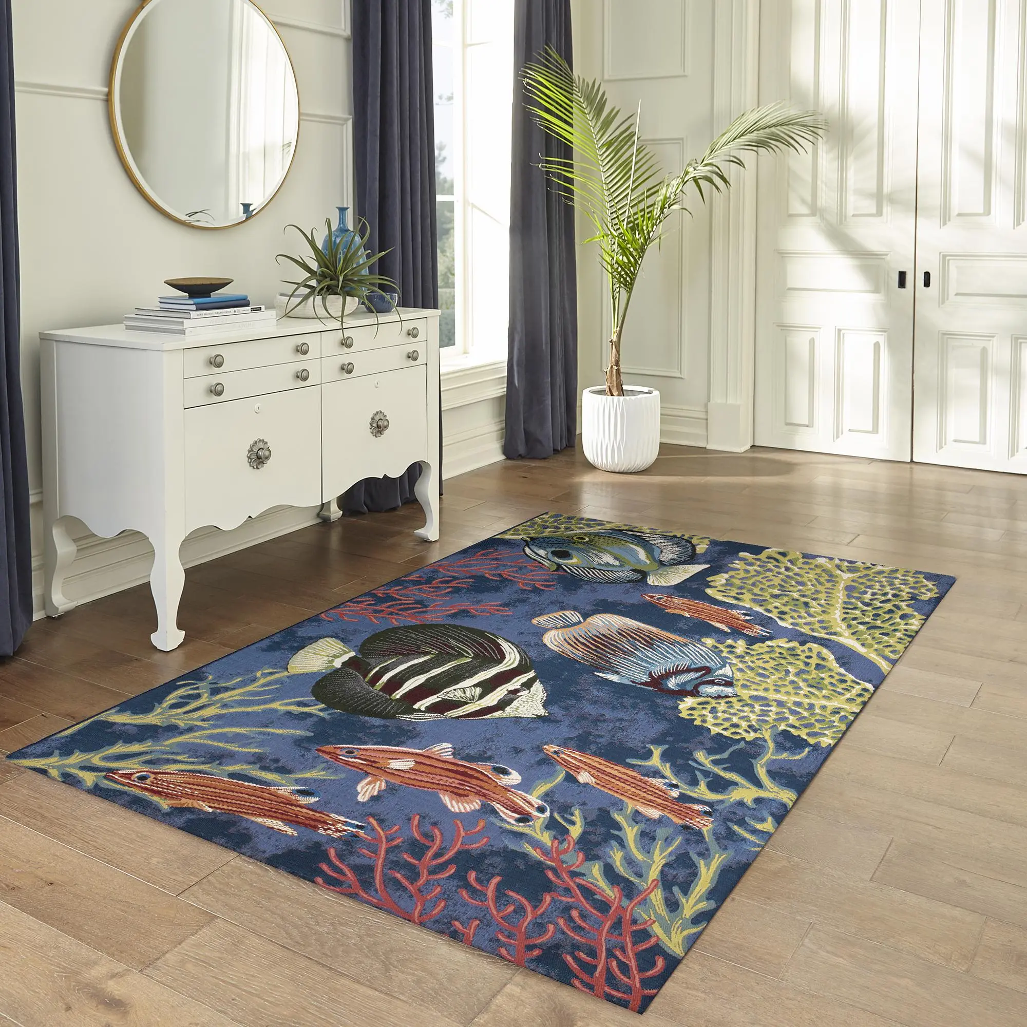 Lush Decor MARINA Indoor/Outdoor Power Loomed Synthetic Blend Low Profile Area Rug - Transitional, Graphic, Coastal, Colorful Beach Art Fish-Themed Rug, Beach Art Area Rugs, Fish-Themed Area Rugs