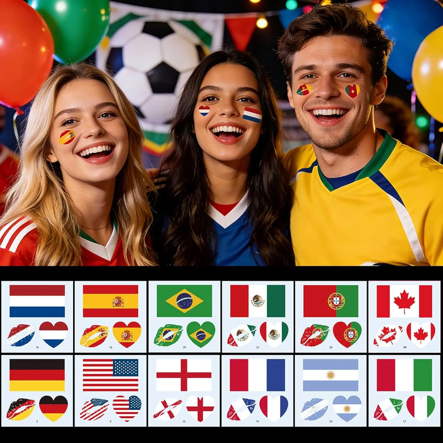 Football Temporary Tattoos – Country Flag Face Stickers for Sports Events, Festivals & Celebration Parties