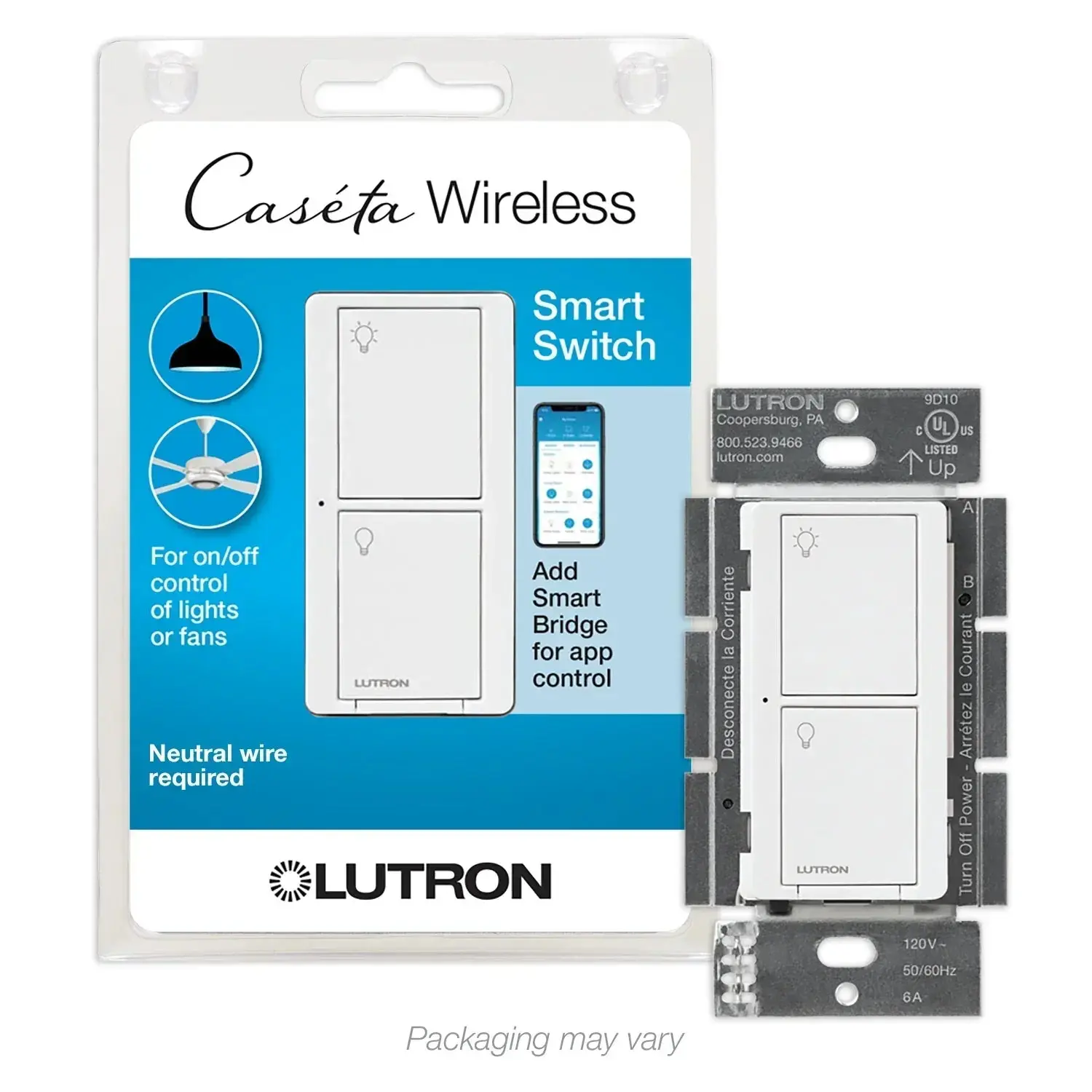 Lutron PD-6ANS-WH Caseta Wireless In-Wall Switch, 6A, Single-Pole/3-Way/Multi-Location, White